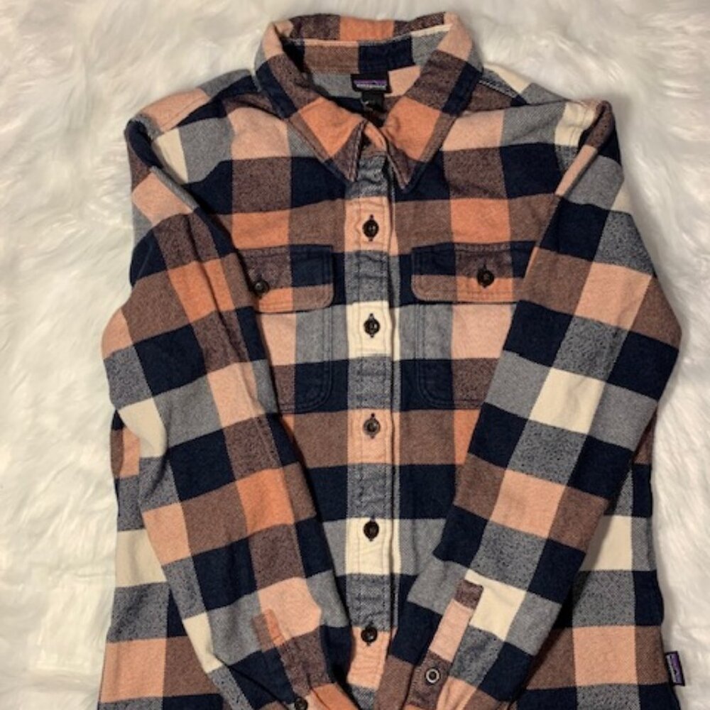 Patagonia Fjord Long Sleeve Flannel Brown Orange Beige XS Extra Small Women